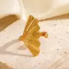 Wholesale Ion Plating (IP) 18K Gold Plated Ginkgo Leaf 304 Stainless Steel IG Style Waterproof Non Tarnish Open Rings
