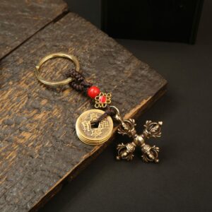 Cross lotus vajra pestle + red beads five emperors coin