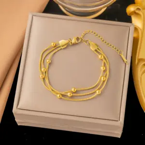 25 [Ae2095] Three-Layer Ball Bead Chain Bracelet / Gold