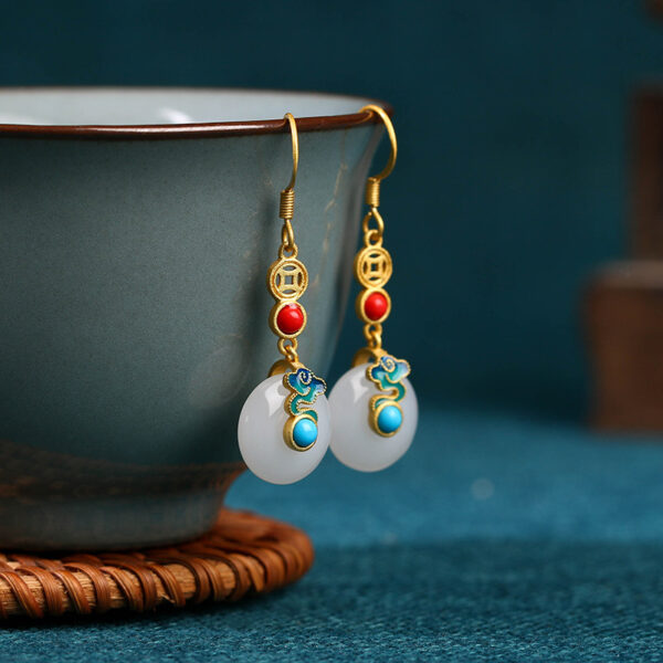 Wholesale  national style niche design Xiangyun peace buckle imitation Hetian jade temperament retro earrings girlfriend gift