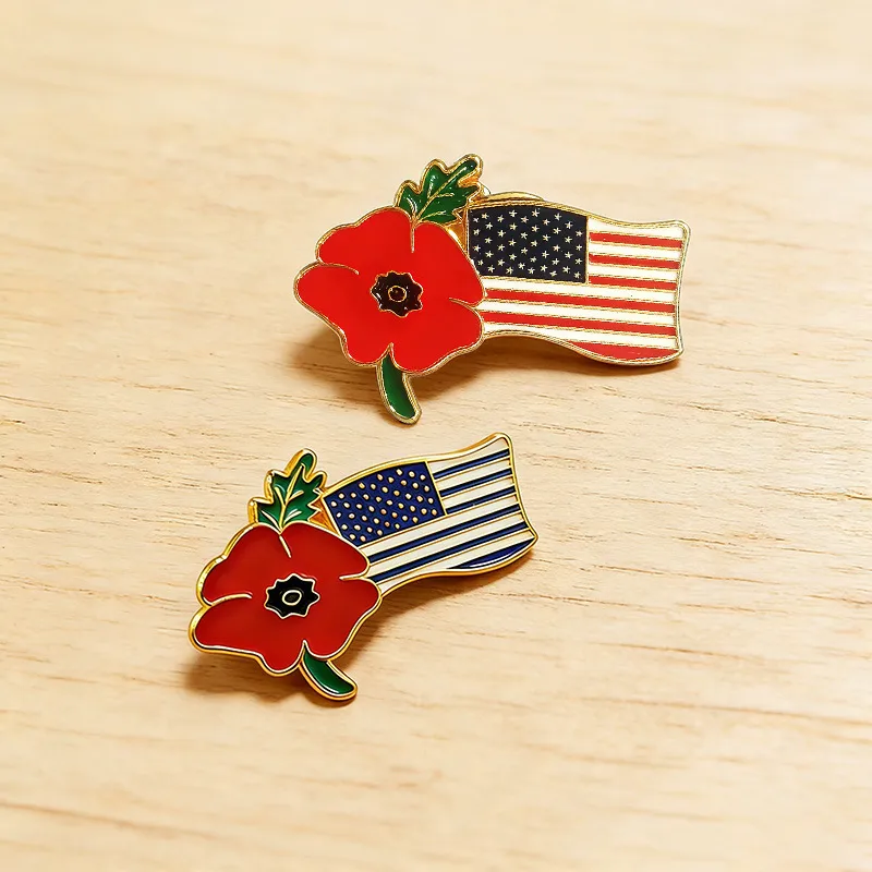 Wholesale Electroplated Alloy Flowers Pin, Flag Brooches For Independence Day Celebration