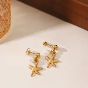 E0144-Pearl Starfish-Earrings- Gold