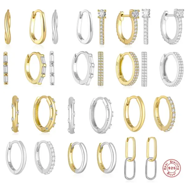 Wholesale 1 Pair S925 Sterling Silver Curved Wave Two-tone Diamond Earrings Silver Round Hoop Earrings