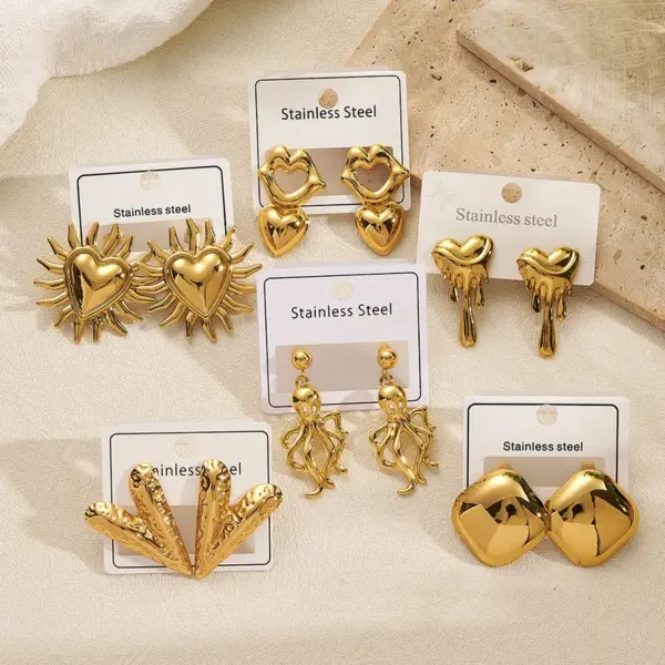 Wholesale Color Retention Electroplated Gold Lip Heart Octopus Ear Cufflinks Sun Rhombus Eight-legged Fish Earrings Fashionable Women's Jewelry