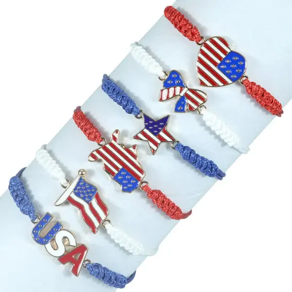 Wholesale Casual Letter Heart Shape American Flag Zinc Alloy Cord In Chain Stretch Adjustable String Bracelets Wholesale