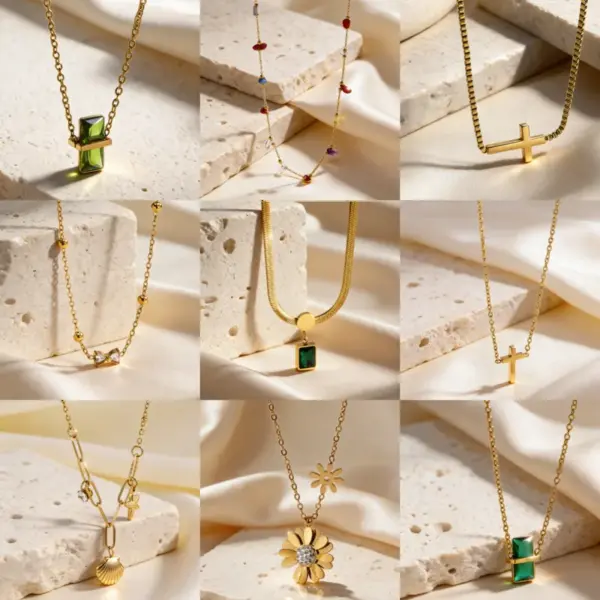 Wholesale Waterproof Cross Pendant Necklace For Women In 304 Stainless Steel With Zircon Inlay, 18K Gold Plated, 0.03µm Cable Chain