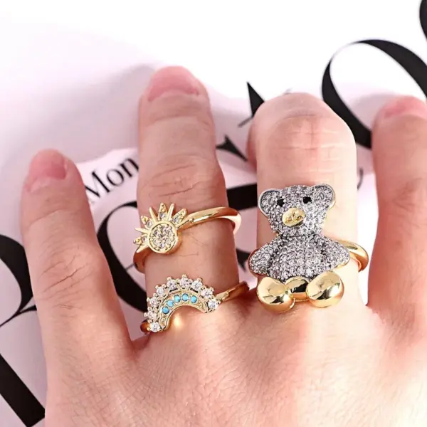 Wholesale Jewelry Elegant Cute Retro Sun Little Bear Moon Copper Zircon 18K Gold Plated Vacuum Plating Inlay Open Rings