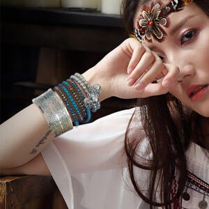 Wholesale YB10005C Foreign Trade Bohemian Flower Teng Ancient Miao Silver Bracelet Women's Retro Wide Xizang Silver Bracelet Carved Bracelet