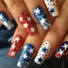 Wholesale 4th Of July Wearable Nail Art Long Tube Gradient Shiny Red And Blue Star Design 24-Piece Set Street Transparent Glitter