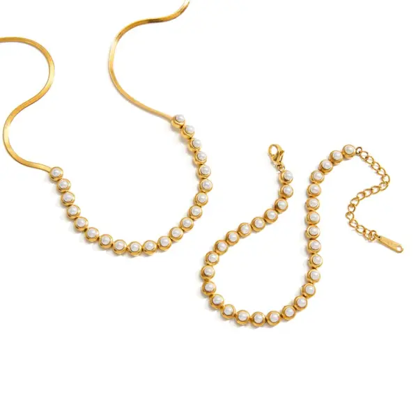 Wholesale Women - Classic Style / 18K Gold 304 Stainless Steel High Gloss Pearl Blade Chain Necklace Combination Geometric Handmade Chain