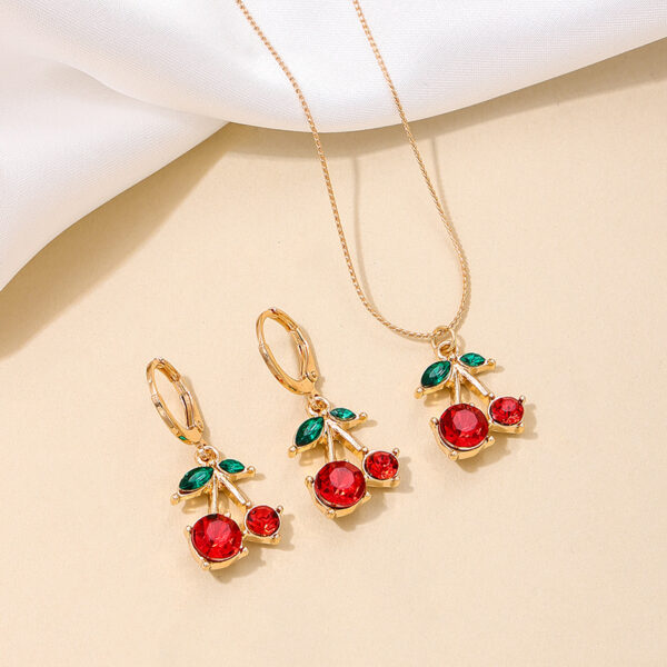 oly-dc99db91fd90f11e032fb05e485bb81a Wholesale 3 Piece Set Summer Sweet Cute Metal Exquisite Red Cherry Women Necklace Earrings Jewelry Suitable for Daily Gifts