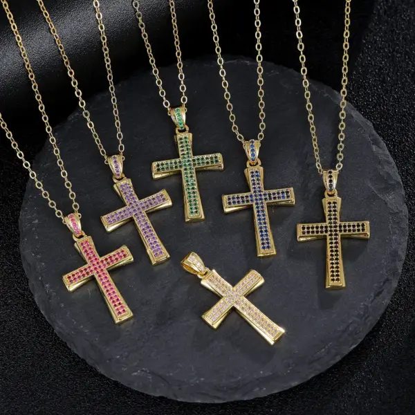 Wholesale Women’s Waterproof Non Tarnish Copper Cross Necklace With KC Golden Plated Electroplated Finish And Zircon Inlay