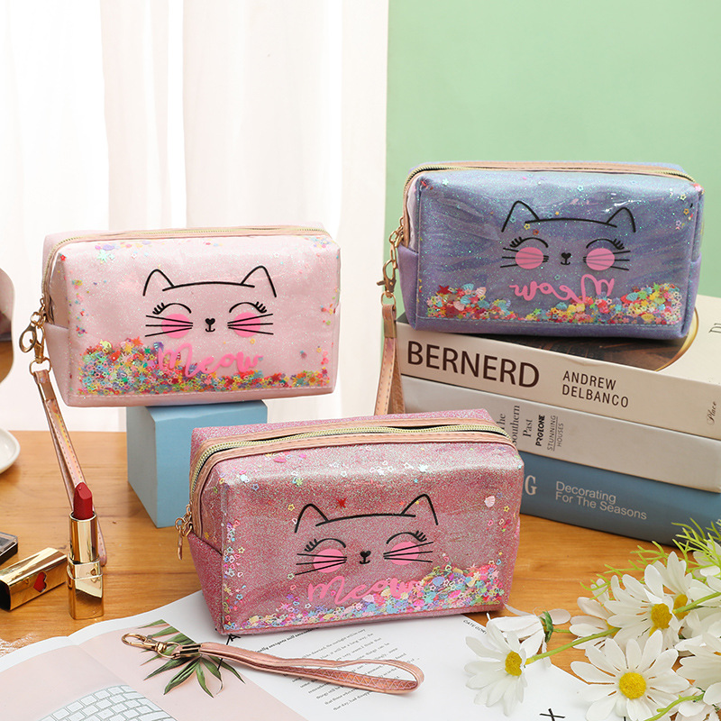 Wholesale Foreign trade explosive cosmetic bag can print LOGO cat cartoon cosmetic bag quicksand pencil case