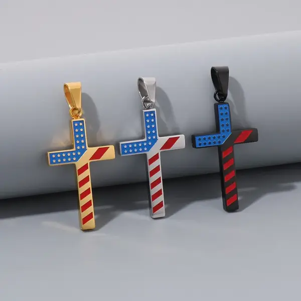 Wholesale 1 Piece 33*20mm 600*3mm 304 Stainless Steel 18K Gold Plated Cross American Flag Pendant Chain