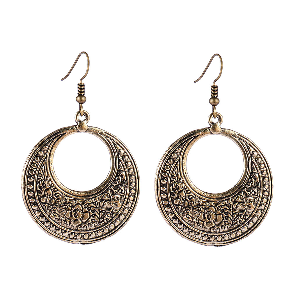 Wholesale European and American Cross-border New Retro Ethnic Totem Pattern Round Hollow Earrings wish Earrings