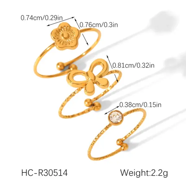 Wholesale 304 Stainless Steel Flower Bow Knot PVD Coated Zircon 18K Gold 18K Real Gold Plated IG Style Simple Style Waterproof Non Tarnish Inlay Gold Open Rings