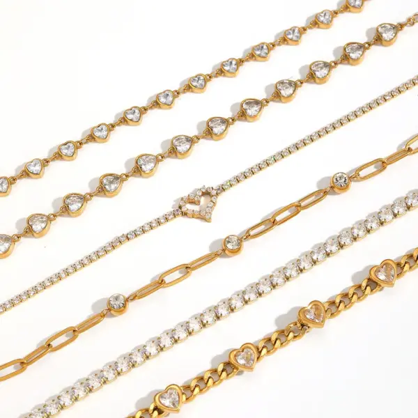 Wholesale Niche High-end Jewelry 18K Gold Plated 304 Stainless Steel Vacuum Electroplated Rhinestone Geometric Heart Zircon Waterproof Non-fading Bracelet For Women