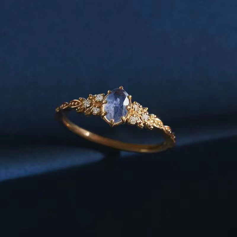 Wholesale New Japanese Style Set with Natural Cordierite Lafite Hollow Ring Female Happy Olive Leaf Purple Diamond Zircon Ring