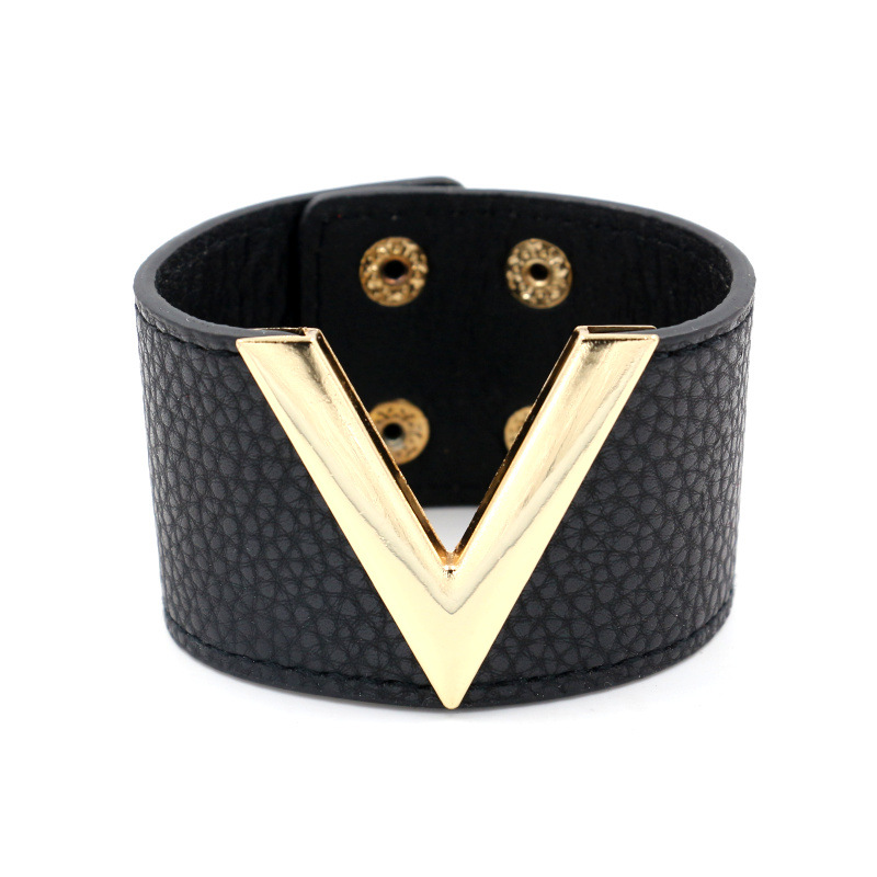 Wholesale European and American Fashion Jewelry Korean Style Textured PU Leather V-Shaped Distinctive Women's Wide Bracelet Bracelet Multicolor
