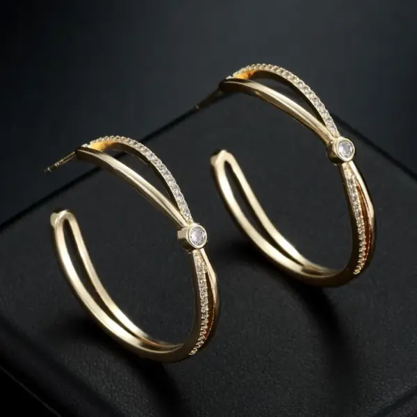 Wholesale C Shape Hoop Earrings For Women With Bezel Setting, Electroplated Copper And Zircon Inlay, Featuring 925 Sterling Silver Posts