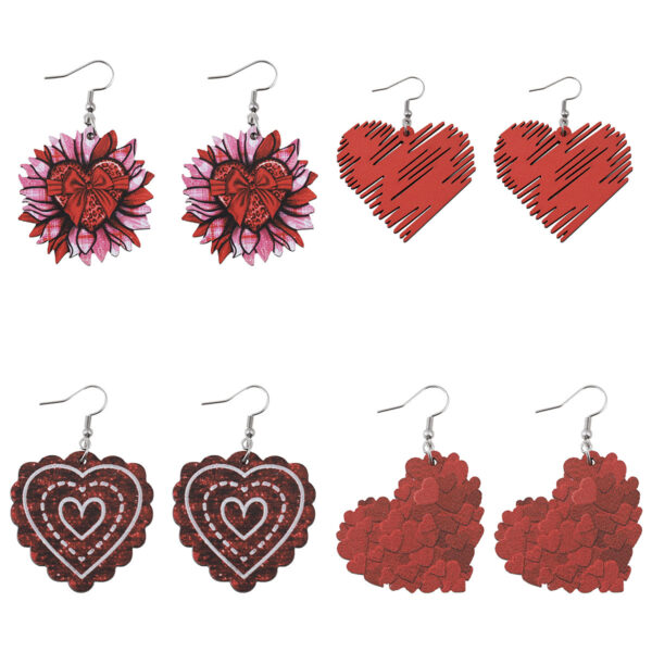 Wholesale Valentine's Day Sunflower Bow Red Love Pendant Earrings Wooden Double-sided Valentine's Day Earrings