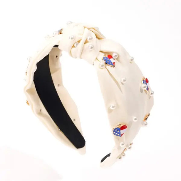 Wholesale Pearl Headband With Flag Knot Beaded Hair Accessory Simple Wide Edge Fabric Art Independence Day Theme