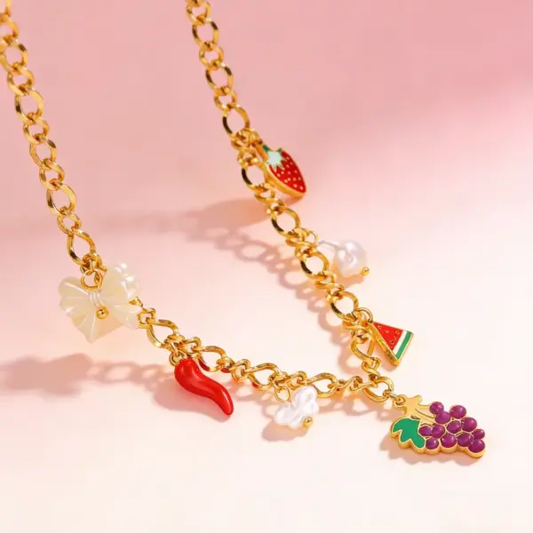 Wholesale Waterproof Fruit Necklace For Women, 304 Stainless Steel With 18K Gold Plated Finish And Zircon Inlay, Box Chain