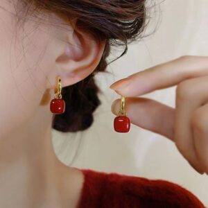 Wholesale wine red Square Vintage Hong Kong Style Earrings Women's High-end Earrings Autumn and Winter Elegant Festive Glaze New Year Earrings