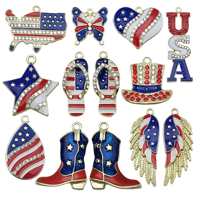 Wholesale American Independence Day Flag Alloy Jewelry DIY Pendant Earrings Necklace Boots Wings Pentagram Oil Drop Zinc Material