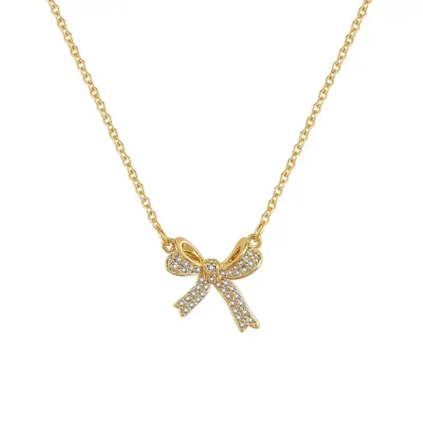 Wholesale Fashion Bow Knot Titanium Steel Hollow Out Inlay Rhinestones Pendant Necklace 1 Piece