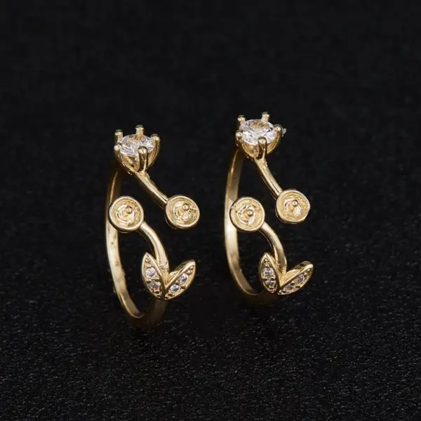 Wholesale Waterproof Non Tarnish Leaves Open Ring For Women In Copper With 14K Real Gold Plated Electroplated Finish And Zircon Inlay
