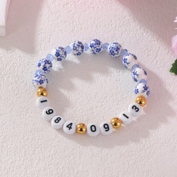 Wholesale  Gold Stainless Steel Love Acrylic Alphanumeric Small Gold Beads Blue and White Porcelain Beaded Valentine's Day Bracelet