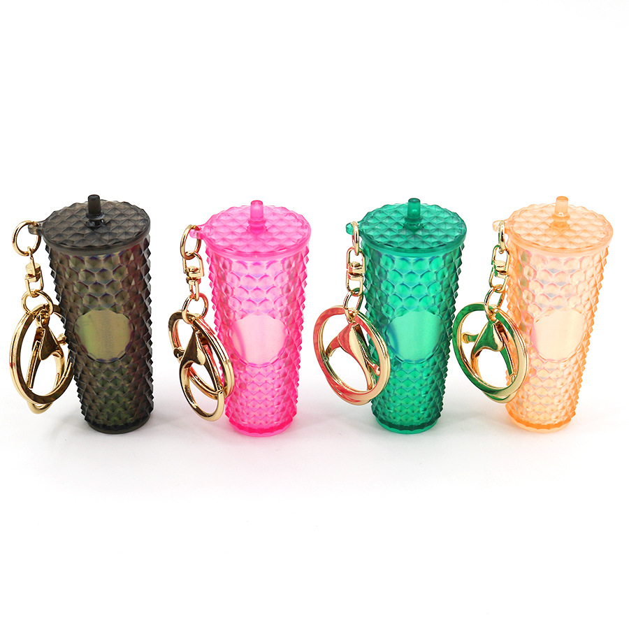 Wholesale Cross-border Diamond Durian Cup Keychain American Colorful Gradient Cyber Celebrous Durian Cup Pendant Straw Diamond Cup Hanging Ornament