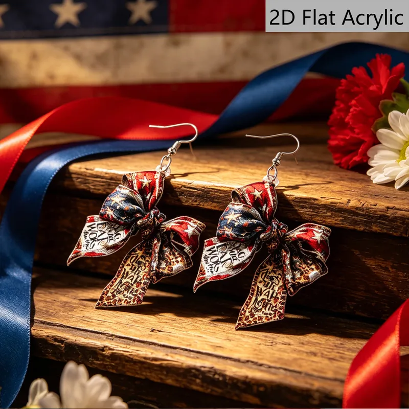 Wholesale Retro White & Red Bow Tie Print Drop Earrings For Women With 304 Stainless Steel Ear Pins