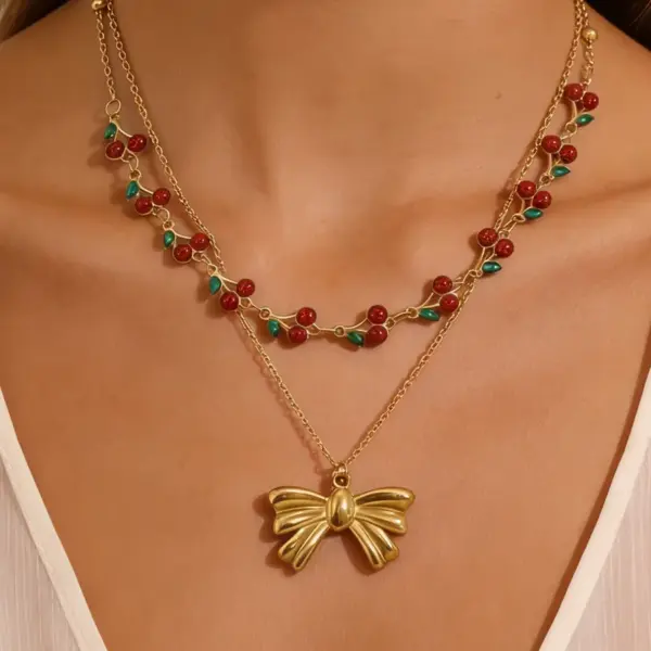 Wholesale Cherry Waterproof Necklace For Women, 304 Stainless Steel With 18K Gold Electroplated And Zircon Inlay, Box Chain