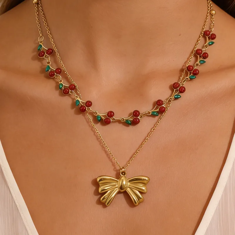Wholesale Cherry Waterproof Necklace For Women, 304 Stainless Steel With 18K Gold Electroplated And Zircon Inlay, Box Chain