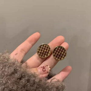 A2720 coffee-retro coffee color plaid round earrings