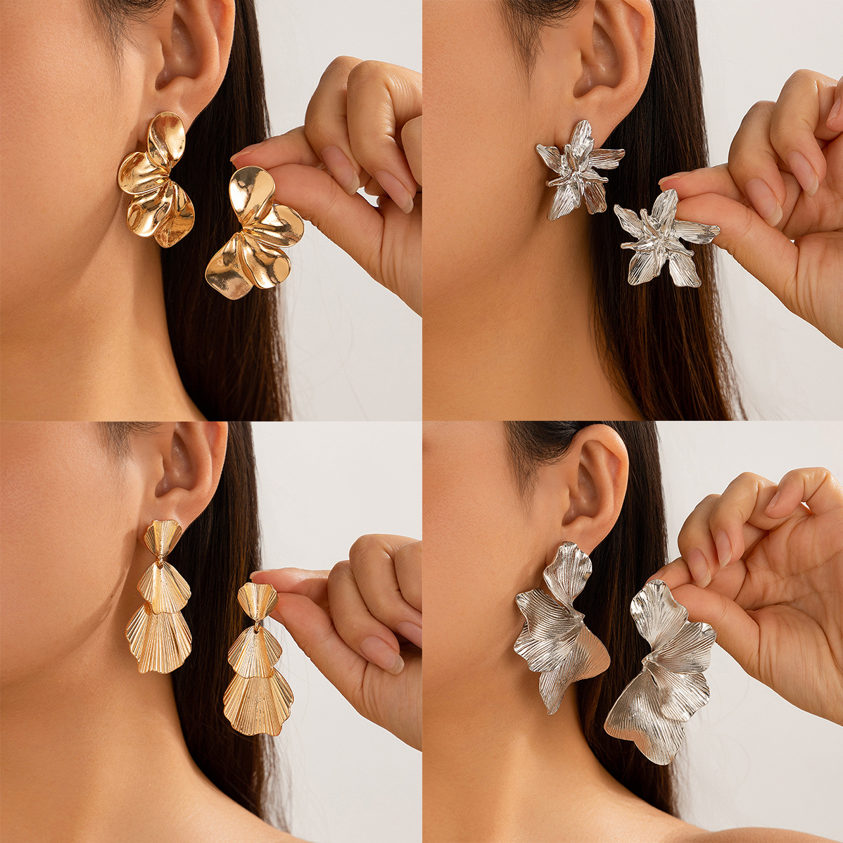 Wholesale Ins personality double-layer five-petal flower earrings vintage striped leaves tassel earrings