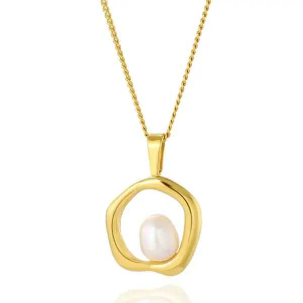 Wholesale PVD Coated Real Gold Plated Round 304 Stainless Steel Freshwater Pearl IG Style Waterproof Non Tarnish 304 Stainless Steel Pendant Necklace