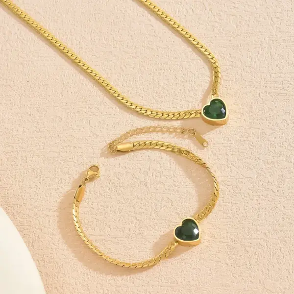 Wholesale 304 Stainless Steel Glass Heart Shape Ion Plating (IP) 18K Gold Plated Sexy Romantic Waterproof Non Tarnish Cuban Link Chain Curb Chain Gold Bracelets Necklace Jewelry Set