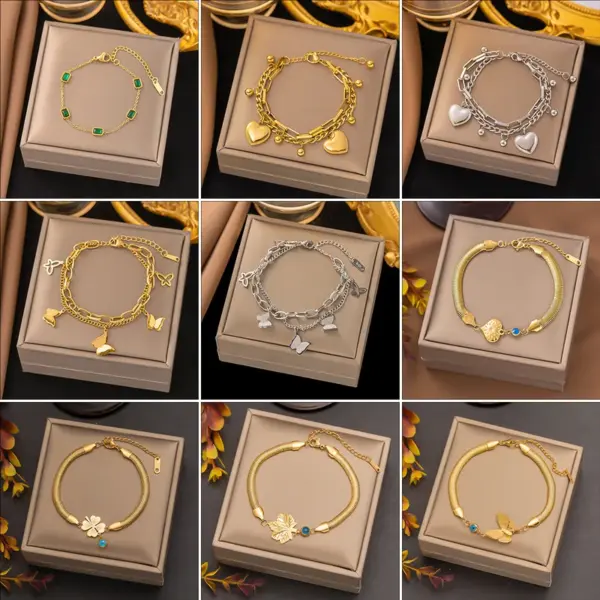 Wholesale PVD Coated Real Gold Plated Square Heart Shape Solid Color 304 Stainless Steel Basic Waterproof Non Tarnish Plating 304 Stainless Steel Lobster Trigger Clasp Closure Bracelets