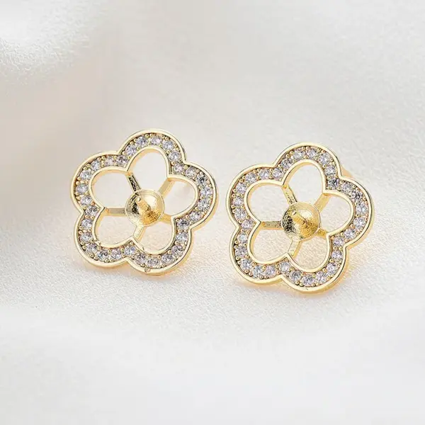 Wholesale 14K Real Gold Plated Copper Stud Earrings With Flowers Pattern And Zircon Inlay, Featuring 925 Sterling Silver Ear Pins