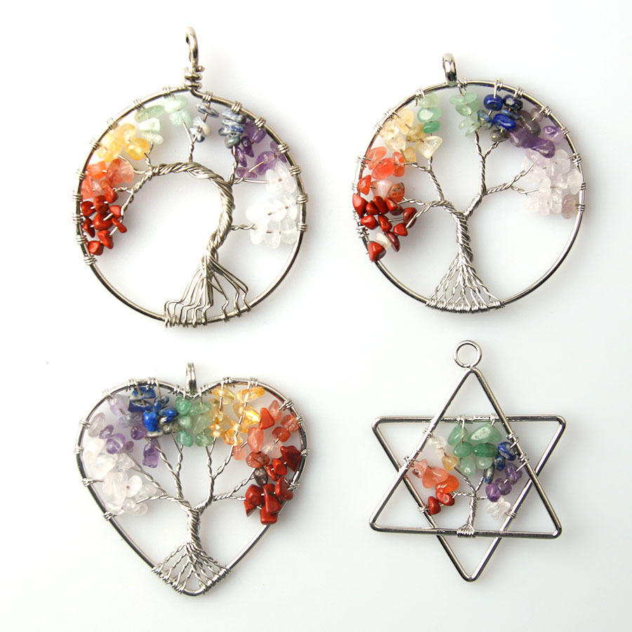 Wholesale Cross-border Hot Sale Crystal Natural Stone Love Shape Round Hexagram Life Tree Gravel Handmade Pendant Necklace