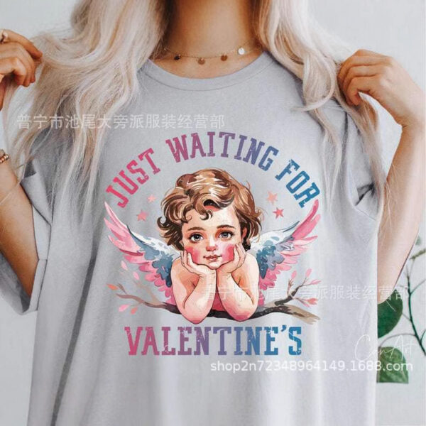 oly-e108eee2c683175361fb1040c3844863 Wholesale women's T-shirt summer round neck plus size clothes Valentine's Day retro little angel short sleeve