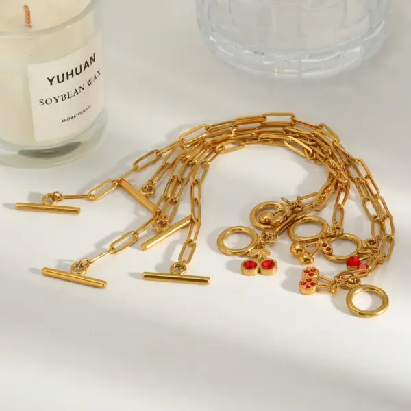Wholesale Vacuum Electroplating (In Furnace) Plated 18K Real Gold Cherry Zircon 201 Stainless Steel 304 Stainless Steel Women's Bracelet