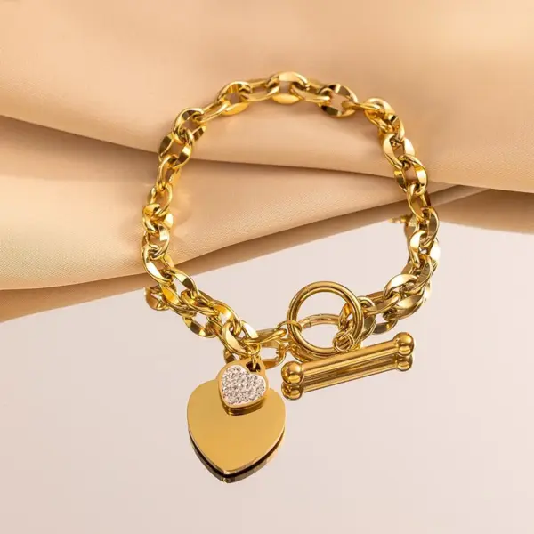Wholesale 304 Stainless Steel Plastic Heart Shape Ion Plating (IP) Artificial Rhinestones 18K Gold Plated Simple Style Waterproof Non Tarnish Inlay Regular Chain Lobster Trigger Clasp Closure Rose Gold Multicolor-Golden Yellow Silver Bracelets