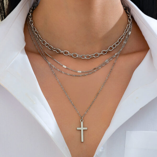 oly-e197ad0aba23a070f3e837f0d3229e70 Wholesale Simple Metal Cross Pendant Necklace Instagram Style All-match Multi-layer Chain Stacked Clavicle Chain for Women