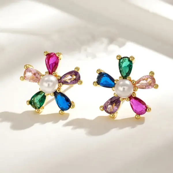 Wholesale Sweet Ins Style Copper Water Plated 18K Real Gold Micro Inlaid Zircon Acrylic Imitation Pearl Flower Stud Earrings