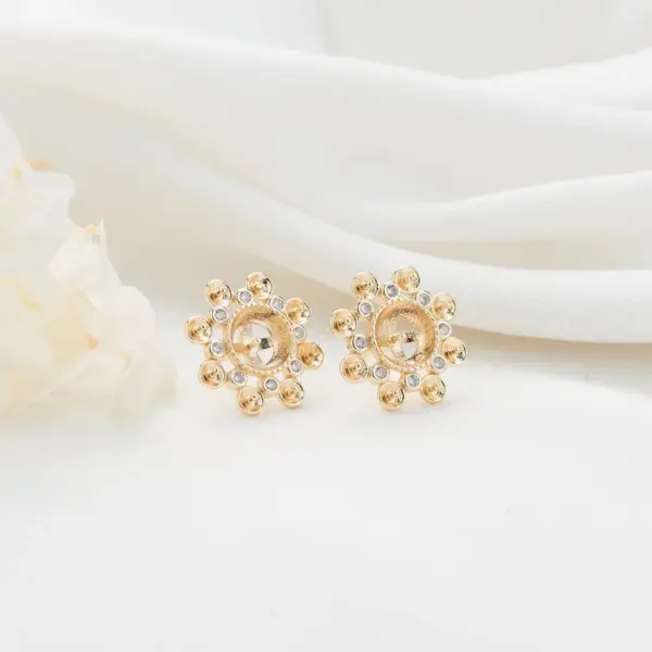 Wholesale 14K Real Gold Plated Copper Stud Earrings With Flowers Pattern And Zircon Inlay, Featuring 925 Sterling Silver Ear Pins