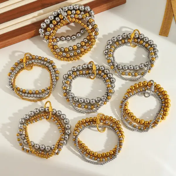 Wholesale Stainless Steel 18K Gold Plated Multi-Layer Beaded Elastic Rope Bracelet Casual Everyday Date Selfie Festival Geometric Pattern